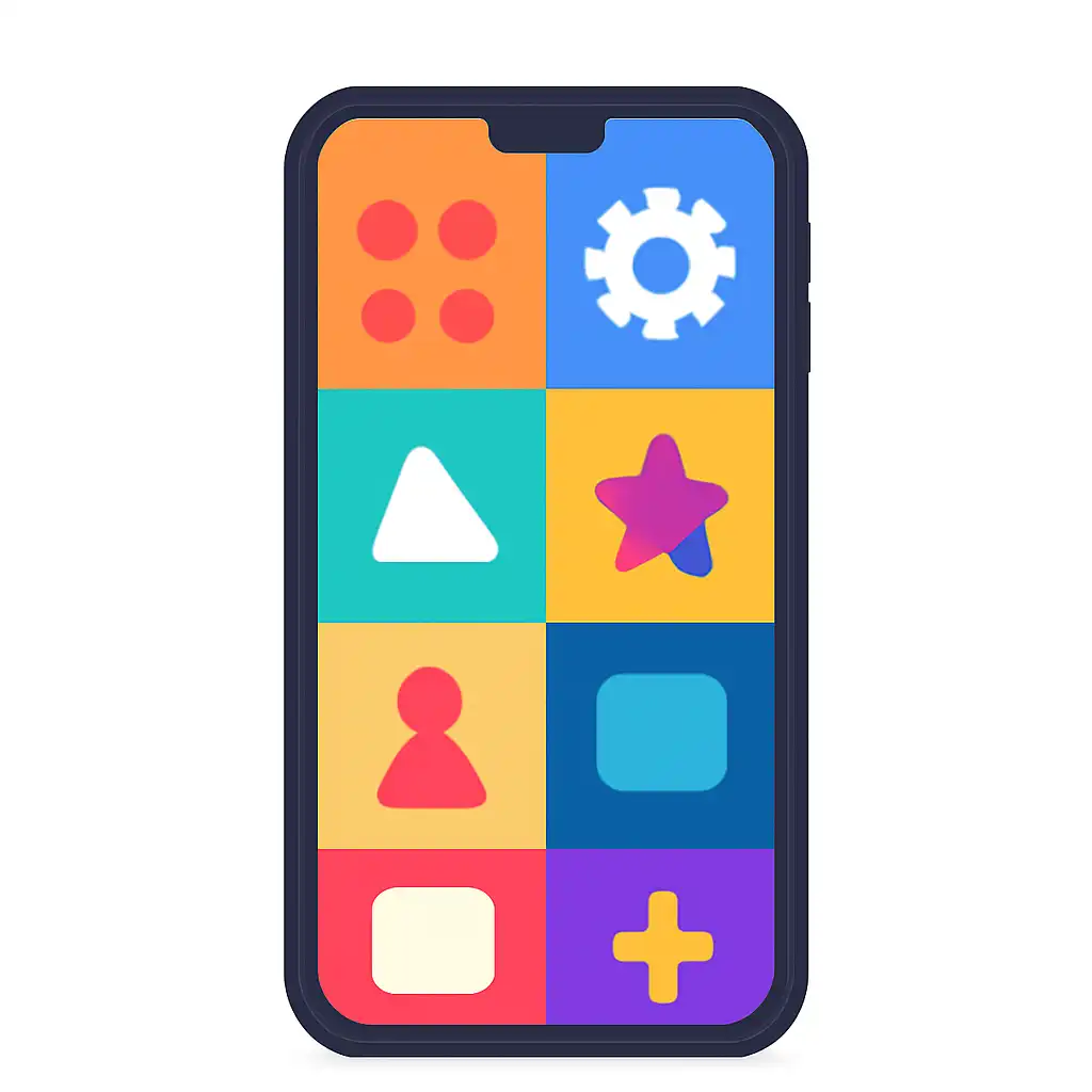 Smartphone shown from the front displaying a colourful flat layout of abstract game icons and rounded tiles (no text, no letters, no labels), Daman Game